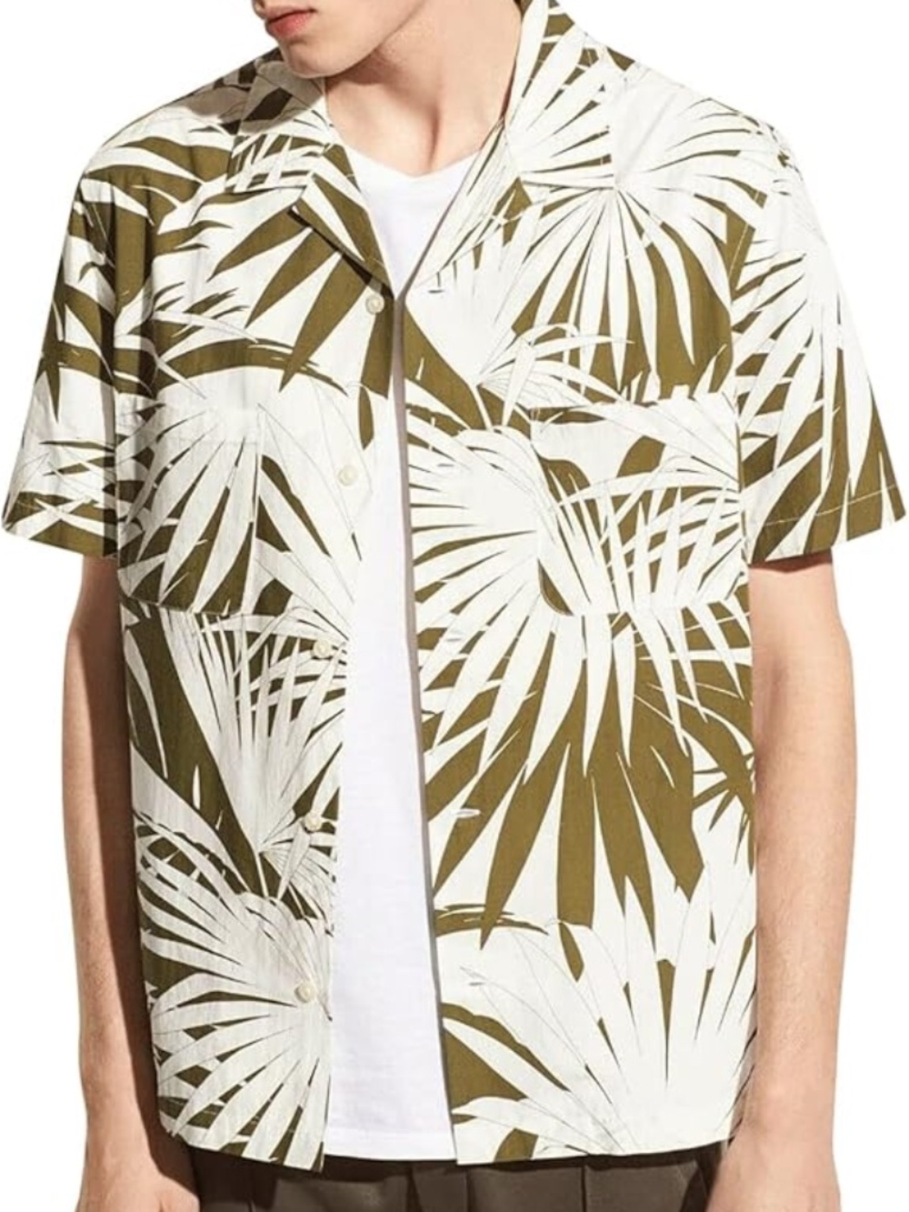 Vince Men’s Leaf Print Short Sleeve Camp Shirt – Khaki / Leche – Medium